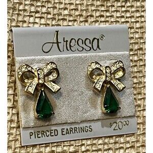 Vintage Aressa Cubic Zirconia Gold Tone Bow Emerald Drop Earrings NEW Coquette